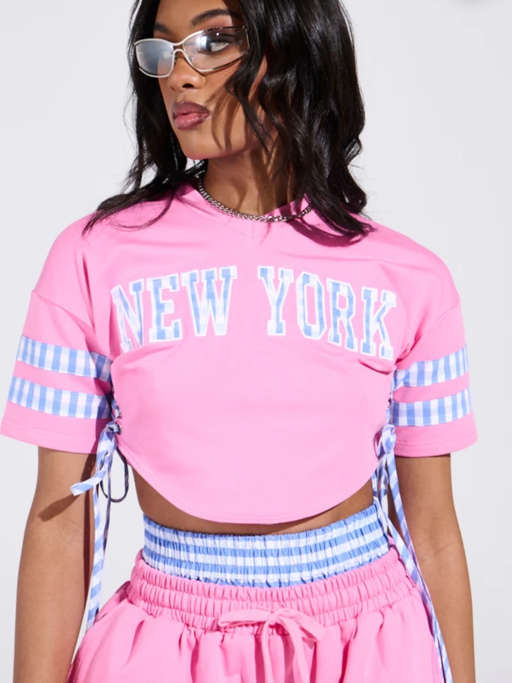 AKIRA Pink New York Cropped Tee with Blue Gingham Trim